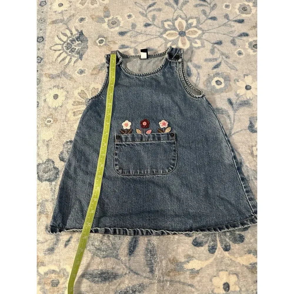 Vintage Gap Girls Blue Denim Floral Sleeveless Dress Pocket 18-24 Months